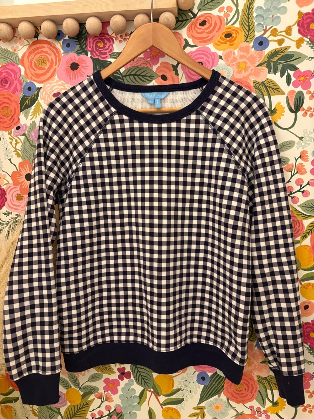 Draper James Navy and White Gingham Crewneck Sweatshirt